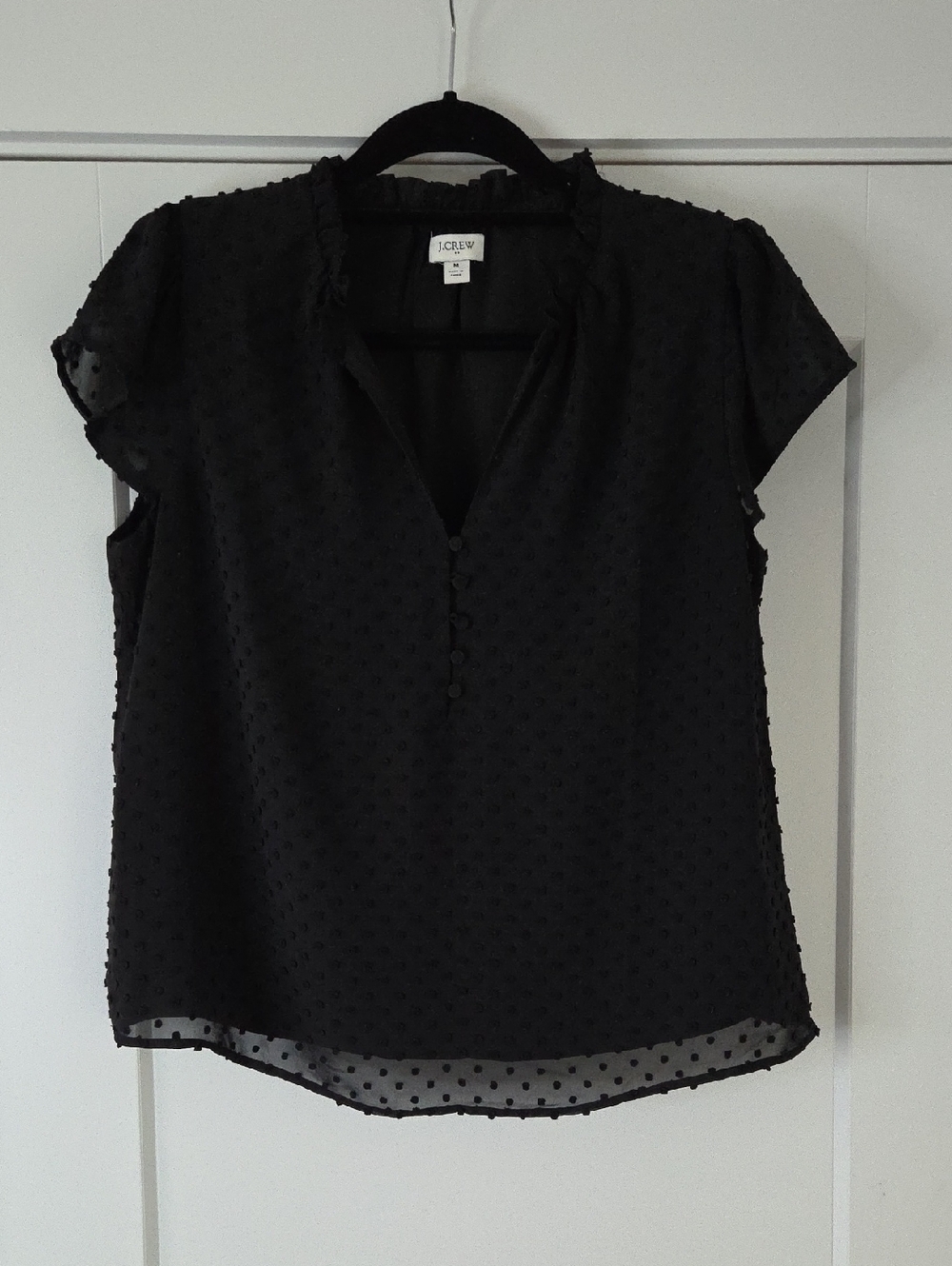 J. Crew Black Swiss Dot Split-Neck Cap Sleeve Blouse